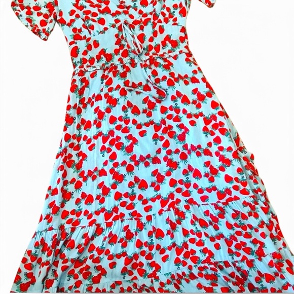 Betsey Johnson Dresses & Skirts - Betsey Johnson Light Blue Red Strawberry Vintage inspo Midi Dress extra small